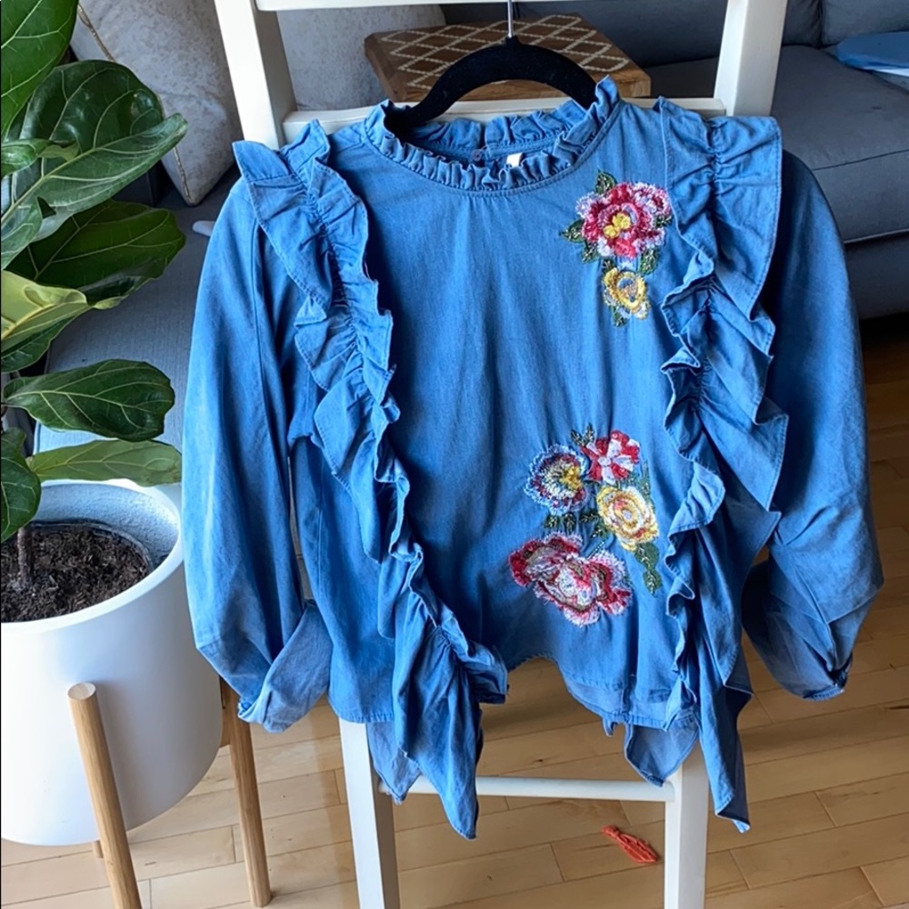 Zara Chambray Ruffle Shirt with Embroidery